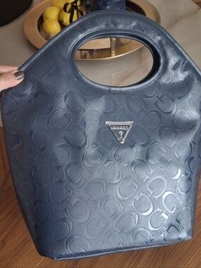 Guess Navy Embossed Logo Tote with Cutout Handle